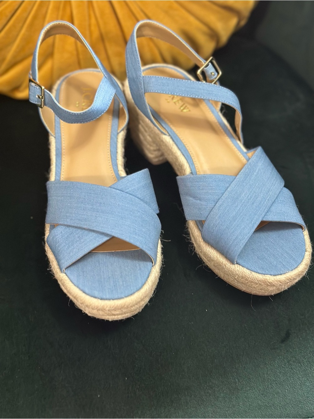 J.Crew Women's Platform Espadrille Heeled Sandals in a blue denim color